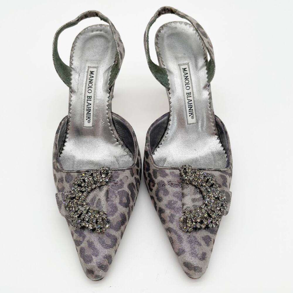 Manolo Blahnik Vintage Carolyne Silver Leopard Crystal Slingback Heels IT 36.5 - Picture 6 of 12